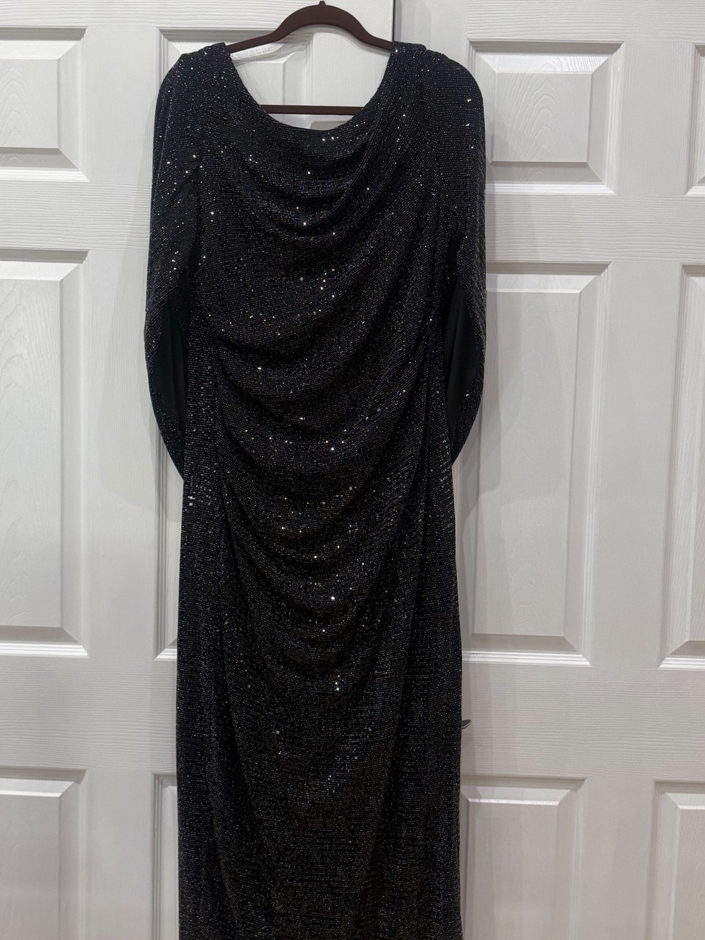 R&M Richards Black Sparkle Draped Long Sleeve Gown